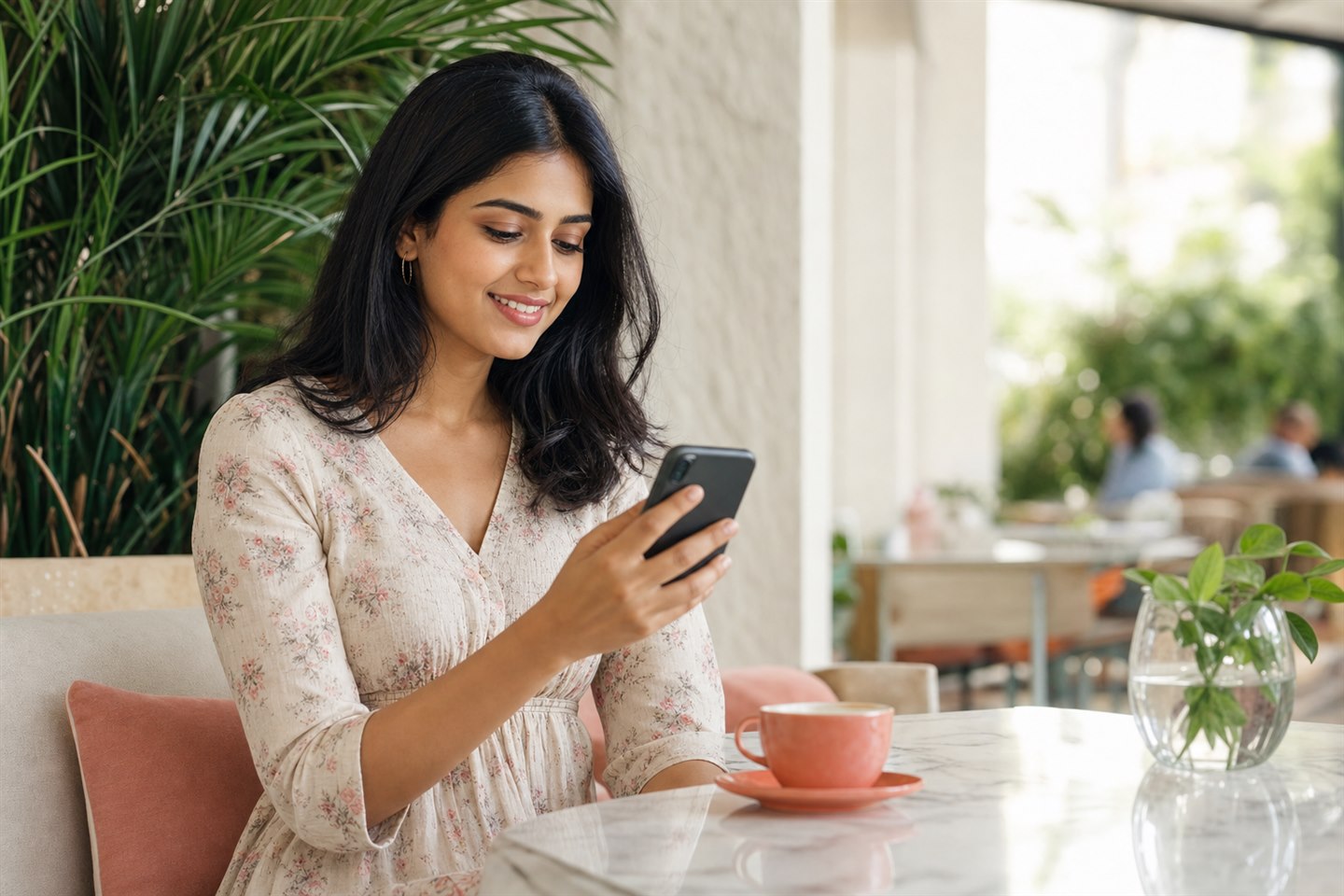 A woman using DILSET on her phone in a bright public café